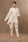 SHRADDHA RAMBHIA_Ivory Slub Silk Printed Floral Mandarin Collar Top And Pant Set _at_Aza_Fashions