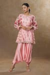 Buy_SHRADDHA RAMBHIA_Pink Slub Silk Printed Floral Round Kurta And Harem Pant Set _at_Aza_Fashions