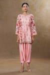 SHRADDHA RAMBHIA_Pink Slub Silk Printed Floral Round Kurta And Harem Pant Set _Online_at_Aza_Fashions