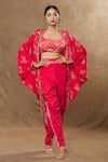 Buy_SHRADDHA RAMBHIA_Pink Wrinkle Satin Printed Floral And Abstract Cape Open Pant Set _at_Aza_Fashions