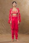 Buy_SHRADDHA RAMBHIA_Pink Wrinkle Satin Printed Floral And Abstract Cape Open Pant Set _Online_at_Aza_Fashions