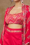 Shop_SHRADDHA RAMBHIA_Pink Wrinkle Satin Printed Floral And Abstract Cape Open Pant Set _Online_at_Aza_Fashions