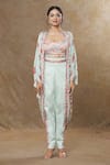 Buy_SHRADDHA RAMBHIA_Blue Wrinkle Satin Printed Bloom And Abstract Cape Open Pant Set _Online_at_Aza_Fashions