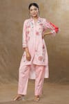 Buy_SHRADDHA RAMBHIA_Pink Slub Silk Printed And Embroidered Floral Asymmetric Top & Pant Set _at_Aza_Fashions