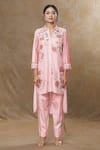 SHRADDHA RAMBHIA_Pink Slub Silk Printed And Embroidered Floral Asymmetric Top & Pant Set _Online_at_Aza_Fashions