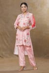 Shop_SHRADDHA RAMBHIA_Pink Slub Silk Printed And Embroidered Floral Asymmetric Top & Pant Set _Online_at_Aza_Fashions