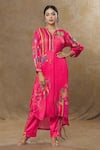 Buy_SHRADDHA RAMBHIA_Pink Wrinkle Satin Printed Geometric And Floral High-low Top & Pant Set _at_Aza_Fashions