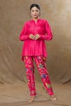 Buy_SHRADDHA RAMBHIA_Pink Slub Silk Printed Geometric And Floral High-low Top & Pant Set _at_Aza_Fashions