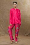 SHRADDHA RAMBHIA_Pink Slub Silk Printed Geometric And Floral High-low Top & Pant Set _at_Aza_Fashions