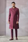 Buy_Tarun Tahiliani_Wine Suiting Fabric Embroidered Silk Thread Tonal Sherwani Set _at_Aza_Fashions