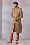 Buy_Tarun Tahiliani_Beige Dana Georgette Printed Phulkari Sherwani And Kurta Set_at_Aza_Fashions