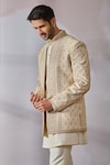 Shop_Tarun Tahiliani_Ivory Raw Silk Embroidered Floral Bandhgala Trouser Set _Online_at_Aza_Fashions