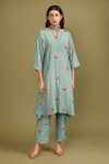 Buy_Trendy tokari_Green Silk Chanderi Printed And Embroidered Floral Kurta Notched & Pant Set _at_Aza_Fashions