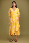 Buy_Trendy tokari_Yellow Cotton Printed Floral V Neck Wrap Dress_at_Aza_Fashions
