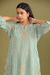 Shop_Trendy tokari_Green Cotton Printed And Embroidered Stripe Notched Round Neck Kurta & Pant Set _at_Aza_Fashions