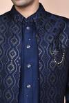 Arihant Rai Sinha_Blue Jacquard, Silk Brooches, Embroidery Mughal Thread Jacket Kurta Set _at_Aza_Fashions