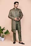 Buy_Arihant Rai Sinha_Green Jacket Jacquard Embroidered Thread And Sequin Work Striped Kurta Set _at_Aza_Fashions