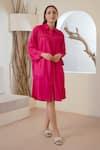 Buy_Nero India_Fuchsia Cotton Satin Embellished Lace Collar Gathered Shirt Dress _at_Aza_Fashions