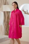 Nero India_Fuchsia Cotton Satin Embellished Lace Collar Gathered Shirt Dress _Online_at_Aza_Fashions