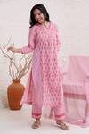 Shop_Nero India_Pink Cotton, Chiffon Embroidery V-neck Floral Print Panel Kurta Pant Set _Online_at_Aza_Fashions