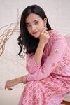 Shop_Nero India_Pink Cotton, Chiffon Embroidery V-neck Floral Print Panel Kurta Pant Set _at_Aza_Fashions