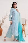 Buy_Nero India_Blue Pure Cotton Printed Floral Mandarin Collar Front Stripe Kurta Pant Set _Online_at_Aza_Fashions