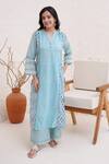 Shop_Nero India_Blue Pure Cotton Printed Floral Mandarin Collar Front Stripe Kurta Pant Set _Online_at_Aza_Fashions