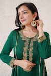 Shop_Nero India_Emerald Green Anarkali Cotton Satin Zari Dori Embroidered Placement Pant Set _at_Aza_Fashions