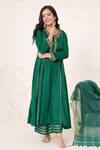 Shop_Nero India_Emerald Green Anarkali Cotton Satin Zari Dori Embroidered Placement Pant Set _Online_at_Aza_Fashions