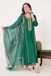 Buy_Nero India_Emerald Green Cotton Satin Embroidered Zari Dori Round Kurta And Pant Set _at_Aza_Fashions