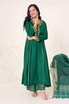 Nero India_Emerald Green Cotton Satin Embroidered Zari Dori Round Kurta And Pant Set _Online_at_Aza_Fashions