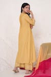 Nero India_Gold Silky Modal Embellished Pearls Round Pintucked Kurta And Wide Leg Pant Set _Online_at_Aza_Fashions