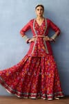 Buy_Torani_Red South Silk Slub Printed Floral Jacket Open And Peplum Kurta Sharara Set _Online_at_Aza_Fashions