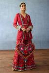 Shop_Torani_Red South Silk Slub Printed Floral Jacket Open And Peplum Kurta Sharara Set _Online_at_Aza_Fashions