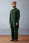 Torani_Green Jersey, Silk Embroidery Gardenia Print Jacket And Kurta Set_Online