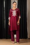 Buy_HOUSE OF SUPRIYA_Maroon Kurta Silk Chanderi Embroidered Thread High Low With Pant _at_Aza_Fashions