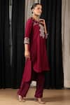 Shop_HOUSE OF SUPRIYA_Maroon Kurta Silk Chanderi Embroidered Thread High Low With Pant _Online_at_Aza_Fashions