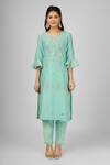 HOUSE OF SUPRIYA_Green Kurta Silk Chanderi Embroidered Thread V-neck Floral Pant Set _Online_at_Aza_Fashions