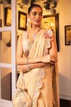 Shop_HOUSE OF SUPRIYA_Beige Blouse Raw Silk Floral Scalloped Pre-draped Saree With _at_Aza_Fashions