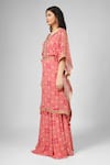 HOUSE OF SUPRIYA_Pink Silk Georgette Print Floral Notched Spiral Kaftan With Palazzo _Online_at_Aza_Fashions