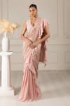 Shop_HOUSE OF SUPRIYA_Peach Silk Georgette Embroidery Floral V Pre-draped Saree With Blouse _at_Aza_Fashions