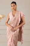 HOUSE OF SUPRIYA_Peach Silk Georgette Embroidery Floral V Pre-draped Saree With Blouse _Online_at_Aza_Fashions