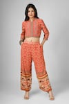 Buy_HOUSE OF SUPRIYA_Orange Silk Georgette Printed Ikat Round Crop Top And Pant Set _at_Aza_Fashions