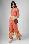 Buy_HOUSE OF SUPRIYA_Orange Silk Georgette Printed Ikat Round Crop Top And Pant Set _Online_at_Aza_Fashions