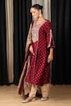 Buy_HOUSE OF SUPRIYA_Maroon Kurta Silk Chanderi Embroidered Thread Notched Yoke Pant Set _Online_at_Aza_Fashions