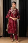 HOUSE OF SUPRIYA_Maroon Kurta Silk Chanderi Embroidered Placement Floral Pant Set _Online_at_Aza_Fashions