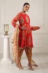 HOUSE OF SUPRIYA_Red Silk Georgette Digital Printed Floral Notched Kurta Dhoti Pant Set _at_Aza_Fashions