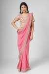 HOUSE OF SUPRIYA_Pink Silk Georgette Embroidery Beads Floret Border Saree With Blouse _Online_at_Aza_Fashions