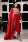 Buy_HOUSE OF SUPRIYA_Red Silk Georgette Embroidery Zar Round Leaf Jaal Yoke Kurta Pant Set _Online_at_Aza_Fashions