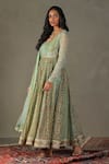 RI.Ritu Kumar_Green Anarkali Shell - 60% Silk Print Floral Scoop Neck Roshafi Embroidered Set _Online_at_Aza_Fashions